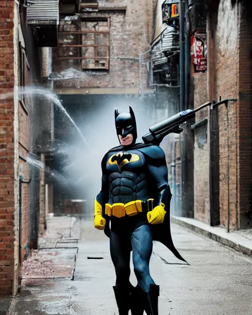 Image similar to happy batman firing super soaker water gun in an alleyway, everyone having fun, toy product advertisement, photography