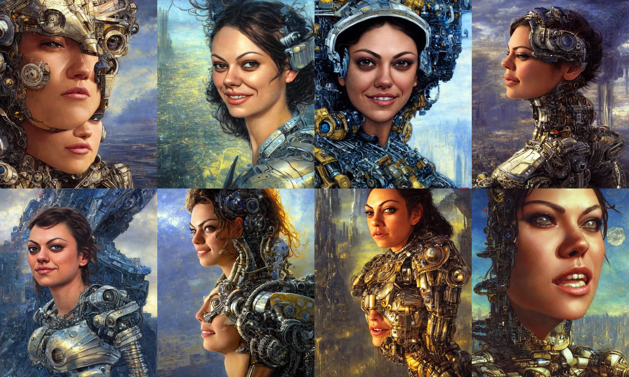 Prompt: close - up portrait of epic young mila kunis smiling into camera, intricate cyborg armor, vista of futuristic city, windy, golden hour, wlop, by gerald brom, by mikhail vrubel, by peter elson, muted colors, extreme detail, trending on artstation