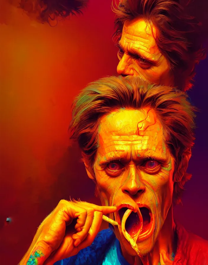 Prompt: a psychedelic portrait of willem dafoe eating baked beans and screaming, vibrant color scheme, highly detailed, in the style of romanticism, cinematic, artstation, moebius, greg rutkowski