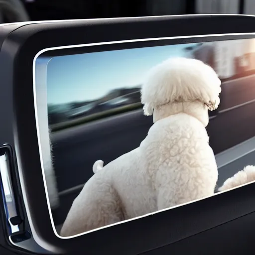 Image similar to a photorealistic image of bichon frise riding in the back on an uber in Hollywood at dusk. This 4K HD image is Trending on Artstation, featured on Behance, well-rendered, extra crisp, features intricate detail and the style of Unreal Engine.