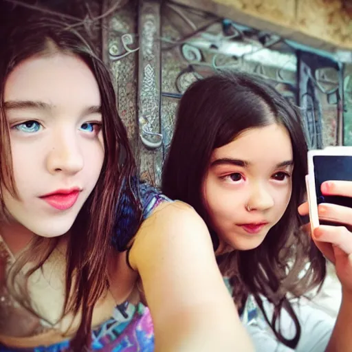 Image similar to two girls taking a selfie. hyper detailed, photorealistic, photography, pretty, cute. trending on instagram