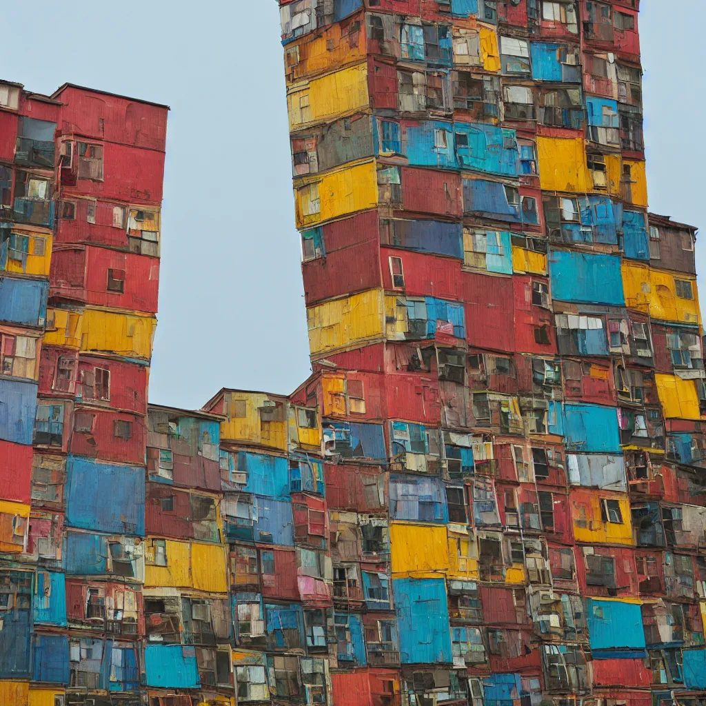 Image similar to two towers, made up of stacked makeshift squatter shacks with colourful facades, plain uniform sky at the back, misty, phase 1, f 1. 8, ultra sharp, very detailed, photographed by julie blackmon