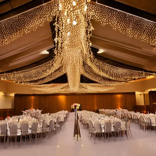 Image similar to large convention centre room decorated for a wedding reception, ceiling swagging, fairy lights, symmetrical lighting design, interior design by Wes Andersson