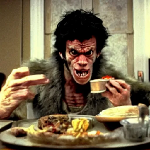 Image similar to film still of a funny looking werewolf with his hand extended, looking at food, in an american werewolf in london