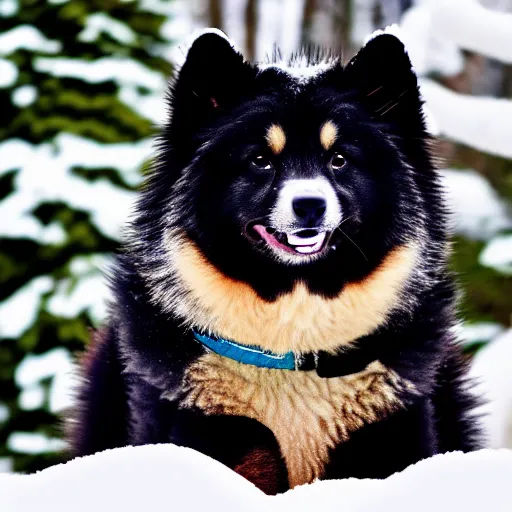 Prompt: happy finnish lapphund dog, black brown and white fur, snow, trees, in the style of a pixar character, 4 k, animation, funny, movie