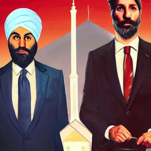 Image similar to Justin Trudeau next to Jagmeet Singh, pictured in the american gothic painting, concept art, sharp focus, highly detailed digital painting by Grant Wood, artstation