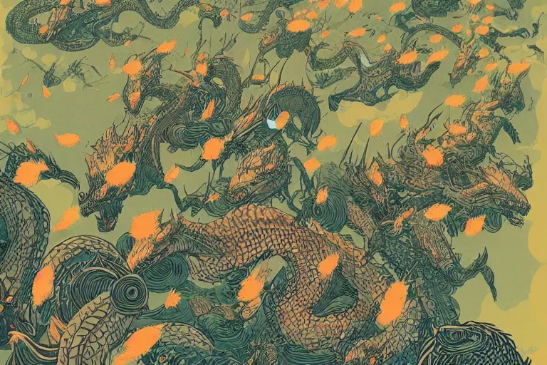 Prompt: a swarm of dragons, risograph, retro fantasy style, victo ngai, moebius, studio ghibli