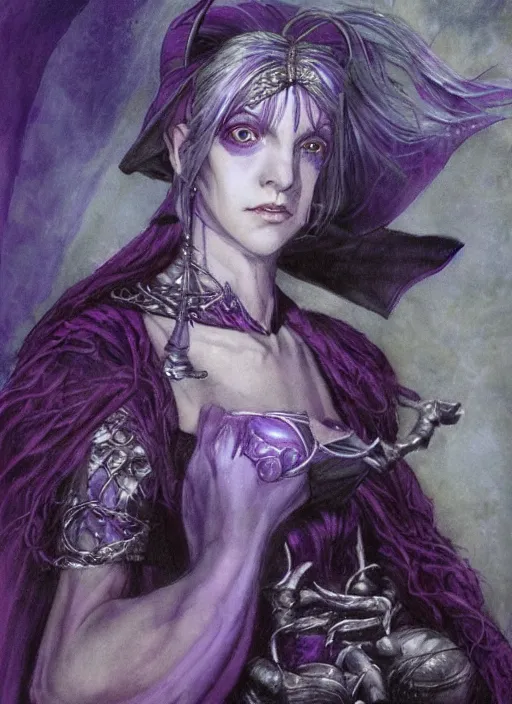 Image similar to portrait of young female sorceress of the endtimes, transluscent skin, silver filigreed armor, lavender hair, beautiful! coherent! dungeons and dragons character, by brian froud, strong line, cool night color, high contrast