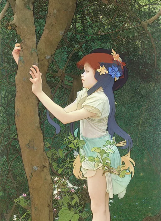 Prompt: young girl with long hair wearing shorts and a t - shirt, climbing a tree, path traced, highly detailed, high quality, digital painting, by studio ghibli and alphonse mucha, leesha hannigan, hidari, art nouveau, chiho aoshima, jules bastien - lepage