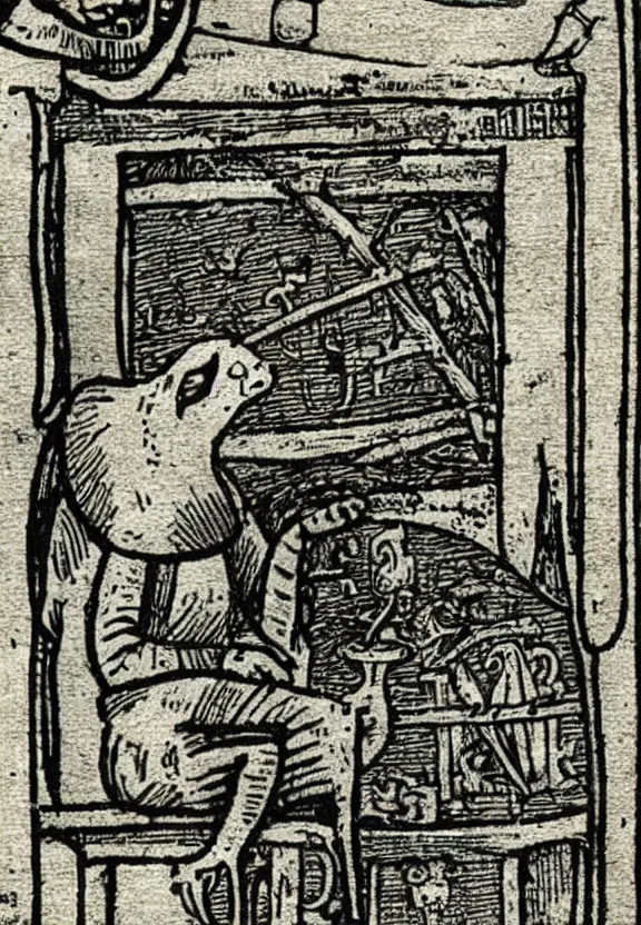 Image similar to [Grim medieval illustration of a cat watching youtube on a computer]