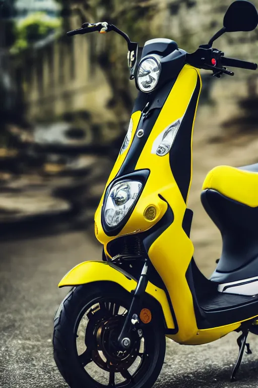 Image similar to photo of suzuki hayate ss with black and yellow paintjob, vietnam traffic background, golden hour, 5 6 0 ccm, race style, custom scooter, dslr, 8 5 mm, f / 1. 3