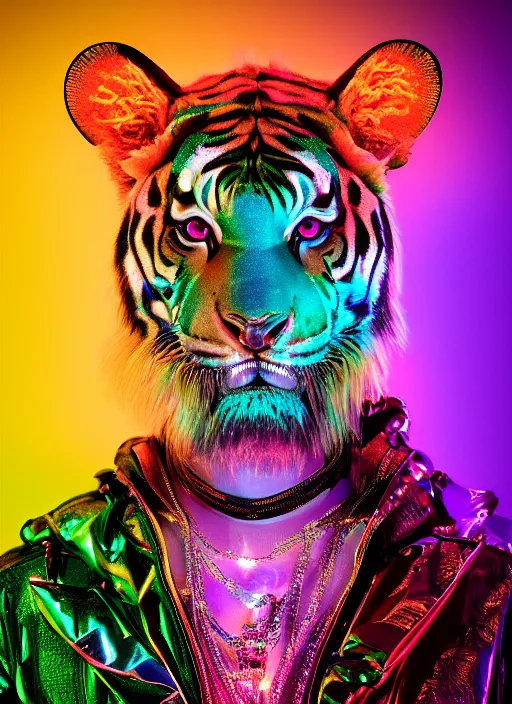 Image similar to photo of baroque and bladerunner delicate neon ruby sculpture of seductive albino king william levy tigers orange iridescent humanoid deity wearing metallic hoody made out of leaves holding the sun prismatic dungeon, glowing rainbow face, crown of white diamonds, cinematic lighting, photorealistic, octane render 8 k depth of field 3 d