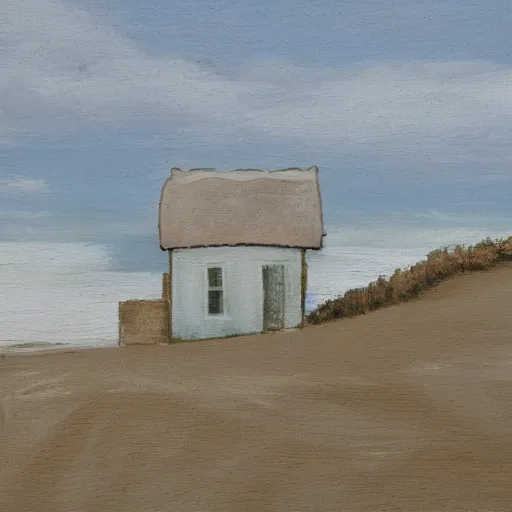 Image similar to a whitewashed cottage on a windswept beach