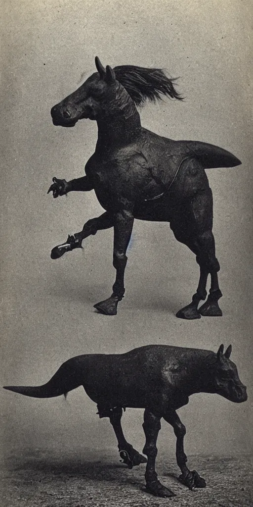 Prompt: [ [ [ [ [ t rex ] ] ] ] ] and a horse with leg, walk, strange, black and white, photograph, 1 8 5 0 s