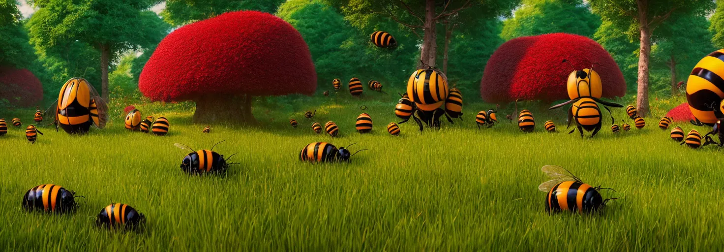 Prompt: stunning glowing dominant large highlighted crimson - black beehive, oversized cute bees in a beautiful forest meadow village landscape, flowers, happy trees, photorealistic, octane render, rtx, hdr, unreal engine, digital art widescreen 8 k, studio ghibli, bob ross, pixar, bee movie, disney