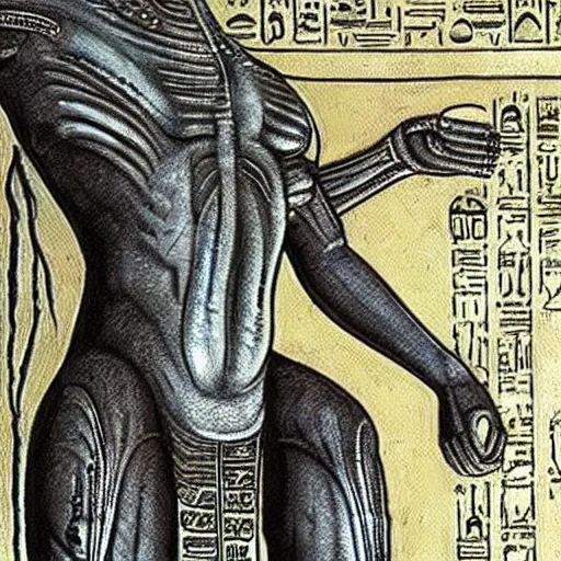 Prompt: ancient egyptian art of xenomorph giger alien from movie alien