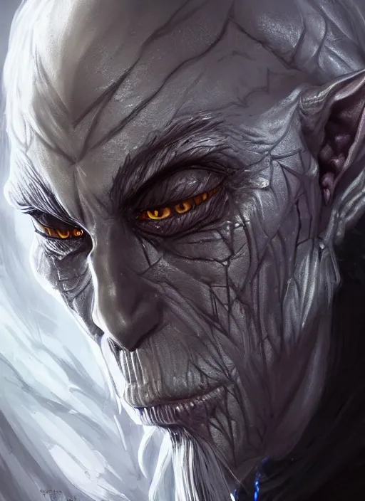 Image similar to legendary creepy dark elf wizard, highly detailed, d & d, fantasy, highly detailed, digital painting, trending on artstation, concept art, sharp focus, illustration, global illumination, ray tracing, realistic shaded, art by artgerm and greg rutkowski and fuji choko and viktoria gavrilenko and hoang lap