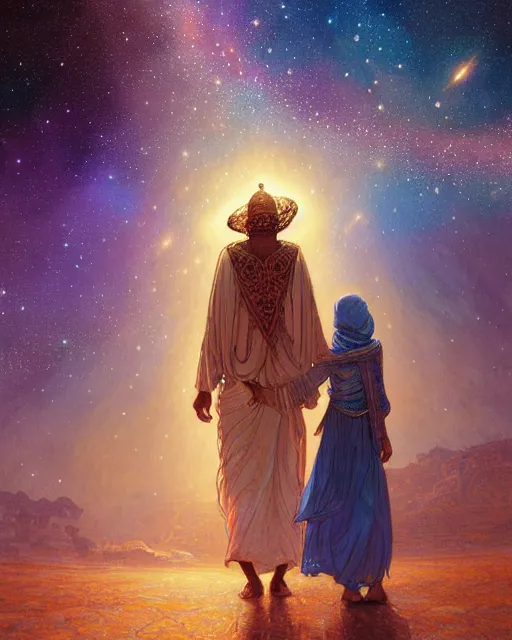 Image similar to bedouin man and woman and child in galaxy walking towards mosque surrounded by nebula, highly detailed, gold filigree, romantic storybook fantasy, soft cinematic lighting, award, disney concept art watercolor illustration by mandy jurgens and alphonse mucha and alena aenami, pastel color palette, featured on artstation