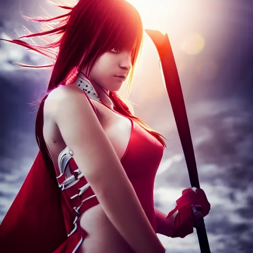 Prompt: dslr, erza scarlet fighting with a sword, real photo, real camera, extreme detailed face and body, high quality, moody lighting, fast paced lines, sharp quality, enchanting, 8 k