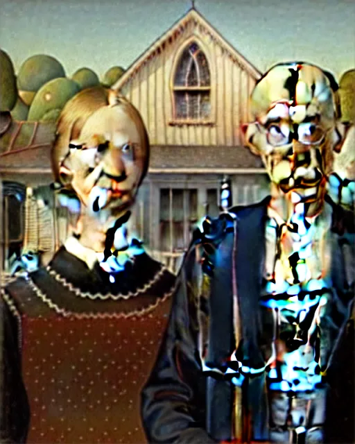 Image similar to American Gothic by Grant Wood painted by Hieronymus Bosch
