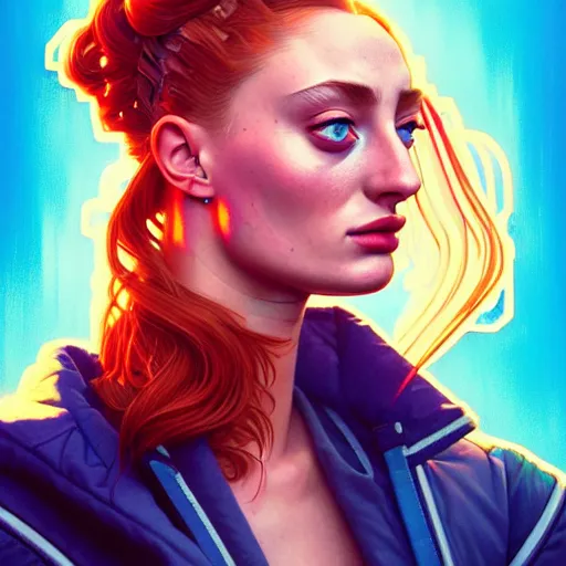 Prompt: high quality high detail portrait of a sophie turner as diesel punk character in an futuristic world, tristan eaton, victo ngai, artgerm, rhads, ross draws, hyperrealism, intricate detailed, alphonse mucha, pastel colors, vintage, artstation,