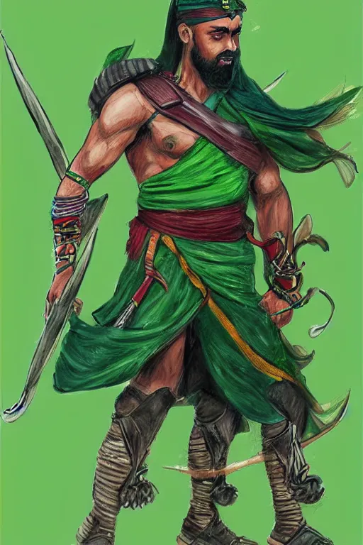 Image similar to arabian warrior, with green turf and flag, realistic, sketch and art by jacqueline e, color by bo feng lin