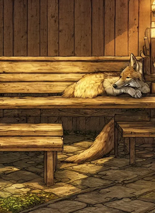 Prompt: coyote sleeping on a bench in a cozy tavern, hidari, color page, tankoban, 4K, tone mapping, Akihiko Yoshida.