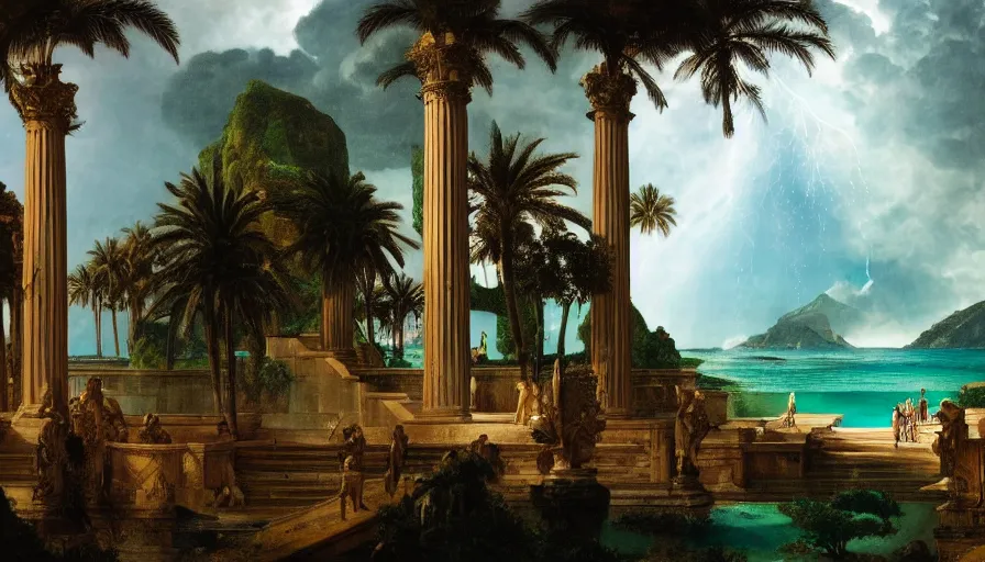 Image similar to From Inside the giant Palace, mediterranean balustrade and columns line, refracted sparkles, thunderstorm, greek pool, beach and Tropical vegetation on the background major arcana sky and occult symbols, by paul delaroche, hyperrealistic 4k uhd, award-winning, very detailed paradise