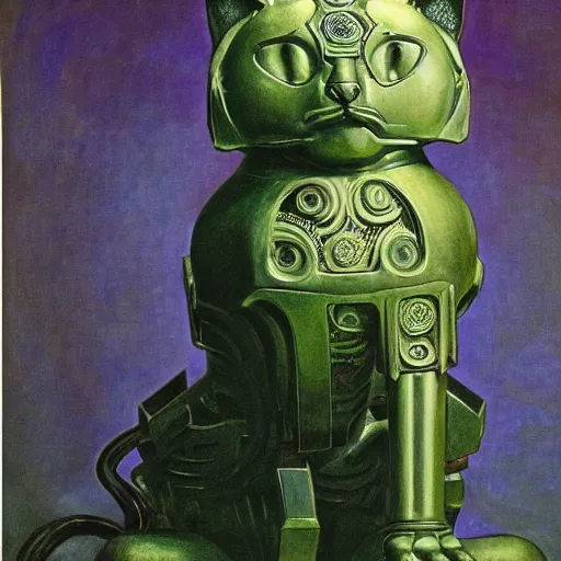 Image similar to beautiful sculpture of an ornate mechanical robot cat, by annie swynnerton and diego rivera and nicholas roerich and jean delville, symbolist, dramatic lighting, god rays, elaborate geometric ornament, art brut, colors are soft greens and blues and purple, smooth, sharp focus, extremely detailed, adolf wolfli and ( donato giancola )