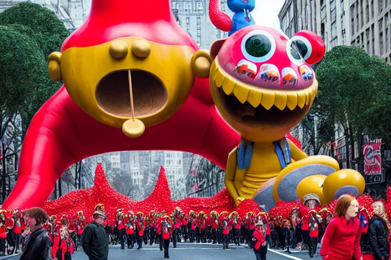 Prompt: photo of giant cute elaborate parade float character designed by ( ( ( ( ( ( ( ( giger ) ) ) ) ) ) ) ) and wes anderson!!!!!!!!!!!!!!, in the macys parade, detailed 4 k photo,