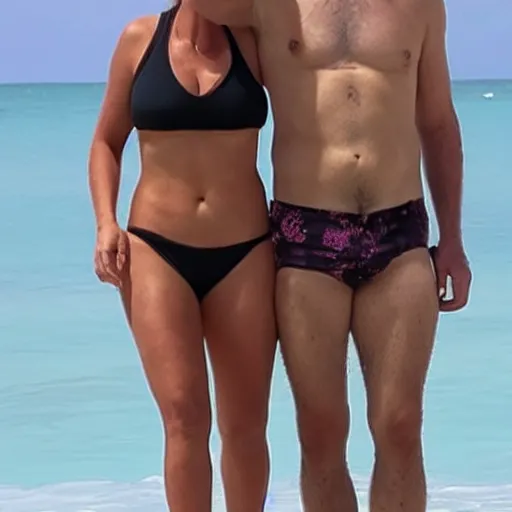 Image similar to photo of a 4 0 year old man that looks young for his age dating a very attractive 2 2 year old woman wearing a bikini.