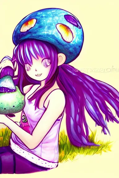 Prompt: a beautiful little girl wearing a mushroom hat sitting on her bed petting a frog in her lap | | purple hair, pretty face, braids in hair, fine details, in xenoblade art style, trending on pixiv, anatomically correct