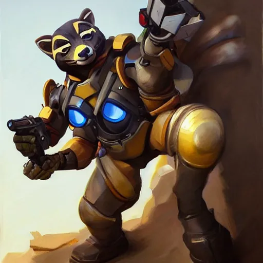 Image similar to greg manchess portrait painting of armored rocket raccoon as overwatch character, medium shot, asymmetrical, profile picture, organic painting, sunny day, matte painting, bold shapes, hard edges, street art, trending on artstation, by huang guangjian and gil elvgren and sachin teng