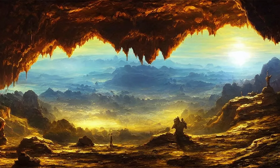 Image similar to the most beautiful panoramic landscape, oil painting, huge and majestic city underground, in a giant cave with a floating sun, epic, vast, cinematic lighting, highly detailed, very realistic