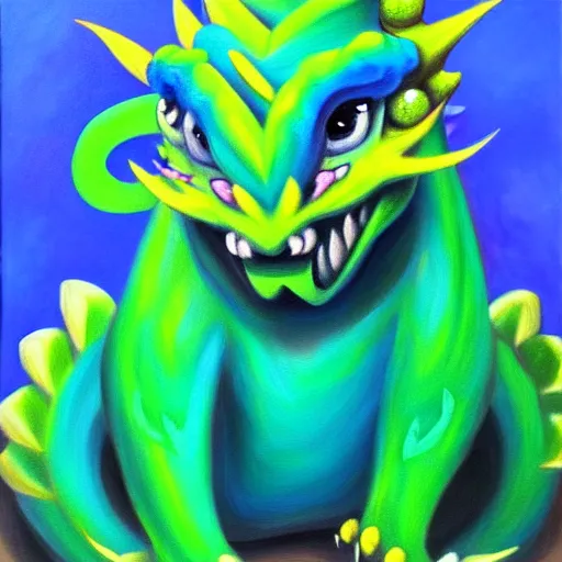 Image similar to a cute blue and green dragon, chubby, oil on canvas, furry