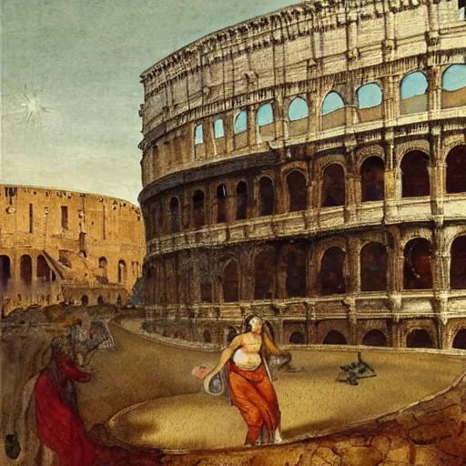 Prompt: a woman making lemonade in front of the colosseum, watercolor painting by da vinci, high detail, abstract