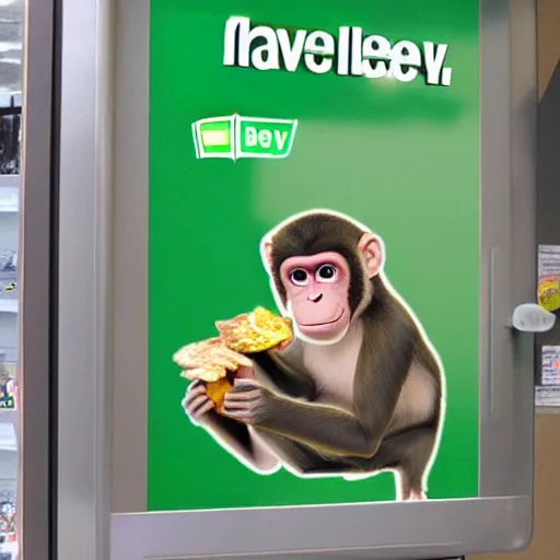 Prompt: A monkey buy some snacks at seven eleven, photorealistic