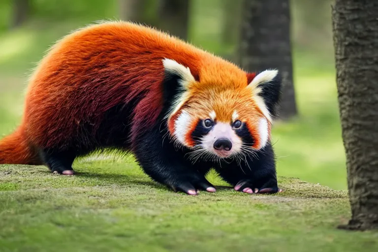 Image similar to a pig red panda!!! hybrid! hyper realistic!! realistic lighting!! wildlife photographer of the year!!! bold natural colors, national geographic, hd, wide angle, 8 k