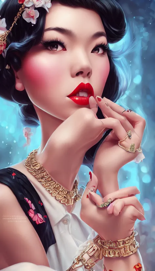 Image similar to a pin up and beautiful fashion and charming and dreamlke asian girl with lv jewelry, medium shot, art by artgerm & ross tran & wlop, hyperdetailed, 8 k realistic, symmetrical, frostbite 3 engine, cryengine, dof, trending on artstation, digital art