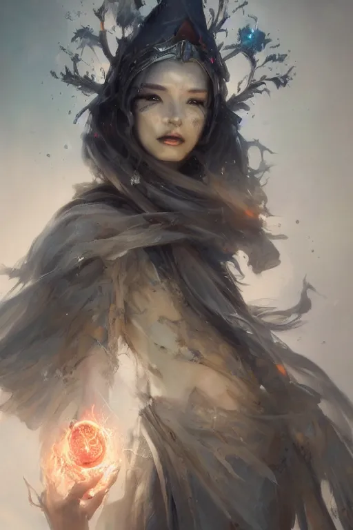 Prompt: beautiful girl necromancer, witch - doctor covered with fice exploding into ice particles, angels, 3 d render, hyper realistic detailed portrait, ruan jia, wlop. scifi, fantasy, magic the gathering, hyper detailed, octane render, concept art, peter mohrbacher