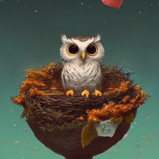 Image similar to long shot of a very cute owl chick nesting in a very romantique cup, by esao andrews, by james jean, marc simonetti, by victo ngai, humorous illustration, hyperrealistic, big depth of field, warm colors, night scenery, dim light, 3 d octane render conceptart, 4 k, hyperdetailed, trending on artstation