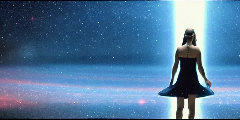 Image similar to film still of curvy natalie portman walking on an invisible bridge, similar to the bifrost, toward an endless abyss in space, wearing a white flowy bikini inspired by ancient roman clothing, beautiful astronomical background with galaxies and nebulas, lack of sunlight, darkness of space, focus on facial detail, 8 k resolution, cinematic lighting, anatomically correct, by christopher nolan