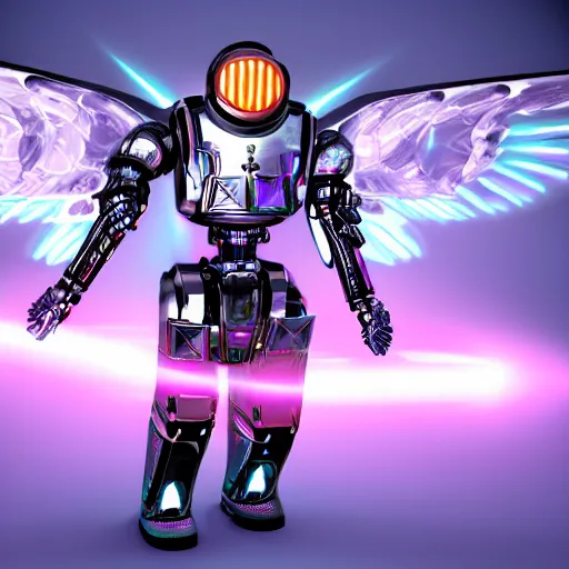 Image similar to robot paladin space warrior knight futuristic with glowing pink hologram angel wings, cinematic lighting, HD, high details, atmospheric