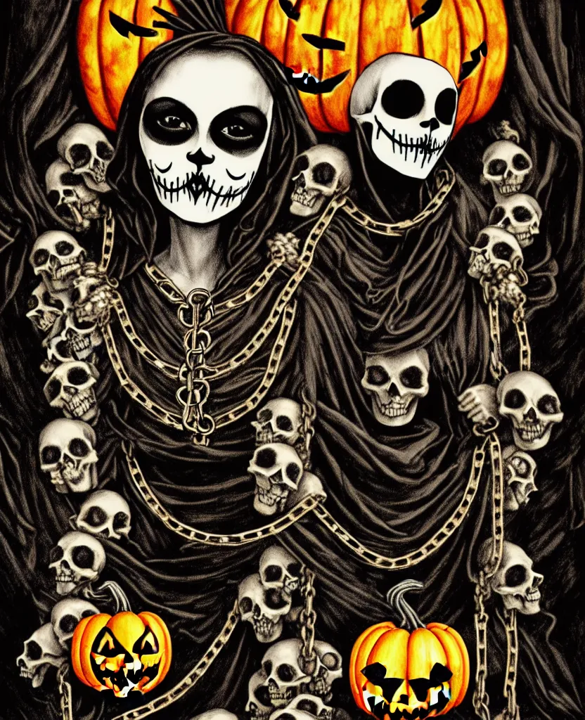 Prompt: tarot card, single figure, pumpkin king, skulls, chains, jack - o - lanterns, black cat, bismuth, style mix of peter chung, shepard fairey, botticelli, vatican, pre raphaelites, shoujo manga dark and moody atmosphere superfine inklines, ethereal, 4 k photorealistic