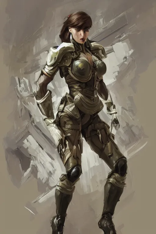 Image similar to a professionally painted portrait of an attractive young woman, clothed in military armor, olive skin, long dark hair, beautiful bone structure, symmetrical facial features, intricate, elegant, digital painting, trending on Artstation, concept art, smooth, sharp focus, illustration, from Metal Gear by Ruan Jia and Mandy Jurgens and Artgerm and William-Adolphe Bouguerea, award winning