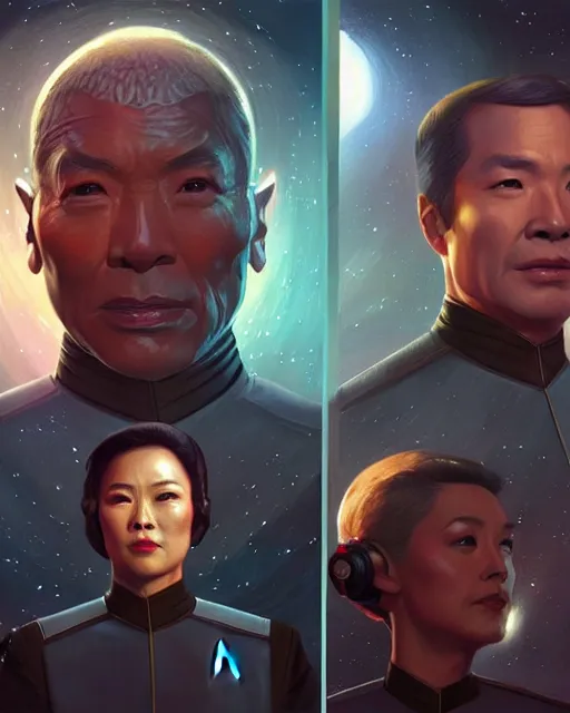 Prompt: star trek but the cast are all chinese, real life skin, intricate, highly detailed, artstation, concept art, smooth, sharp focus, art by artgerm and greg rutkowski