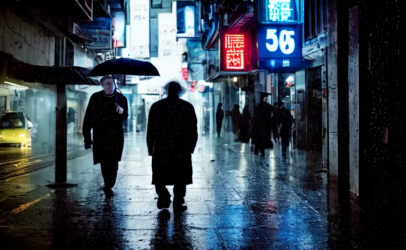 Image similar to cinestill 5 0 d candid photographic portrait by david cronenberg of todd solondz walking the streets of tel aviv, modern cyberpunk moody emotional cinematic, closeup, pouring rain menacing lights shadows, 8 k, hd, high resolution, 3 5 mm, f / 3 2, ultra realistic faces, ex machina