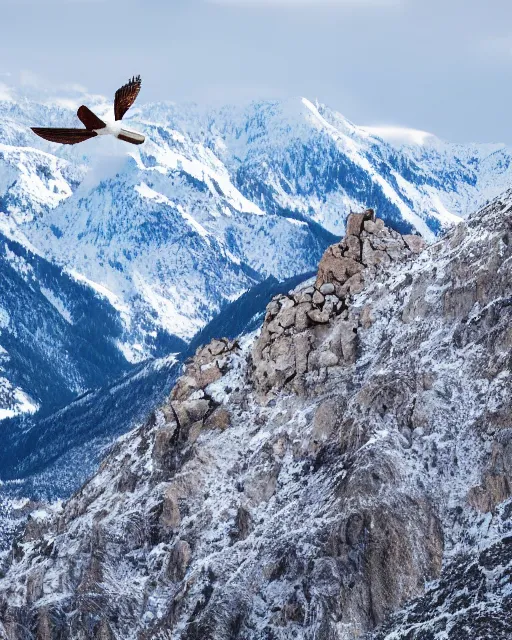 Image similar to A photo of a falcon surrounded by snowy mountains, focus on falcon, 4k