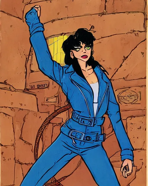 Image similar to young female protagonist in leather jacket, city street, artwork by ralph bakshi