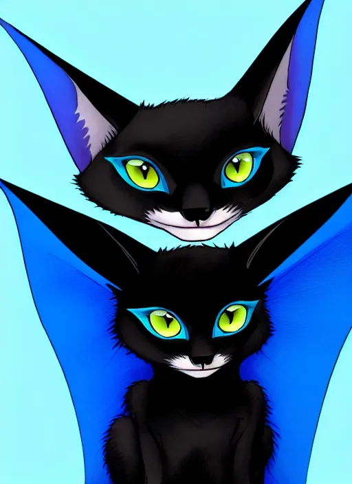 Image similar to a blue - and - black male catbat fursona with blue / green heterochromatic eyes ( differently - colored eyes, one eye green, one eye blue ) and huge bat ears, photo of the catbat streaming on his computer